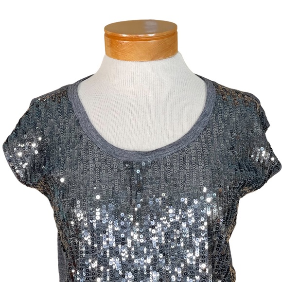 MICHAEL Michael Kors Gunmetal Sequin Scoop Neck Top with Cap Sleeves XS NWT - Picture 2 of 10